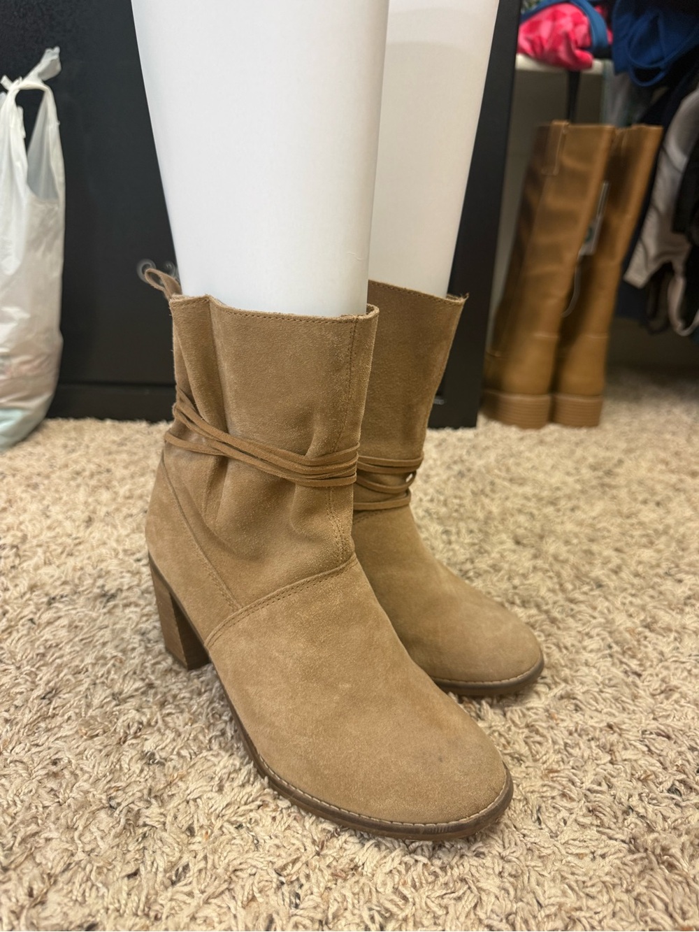 Toms Tan Suede Mid-Calf Block Heel Wrap Boots - Women's